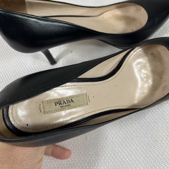 Prada Black Leather Pointed Toe Platform Pumps Size 37.5 US 7 - Picture 8 of 13